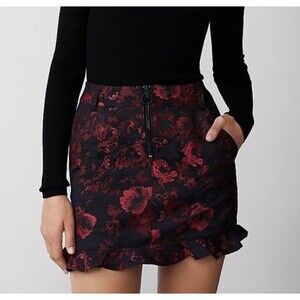 Express Mini Skirt 10 Red Floral Ruffle Party Date Holiday Romantic Feminine